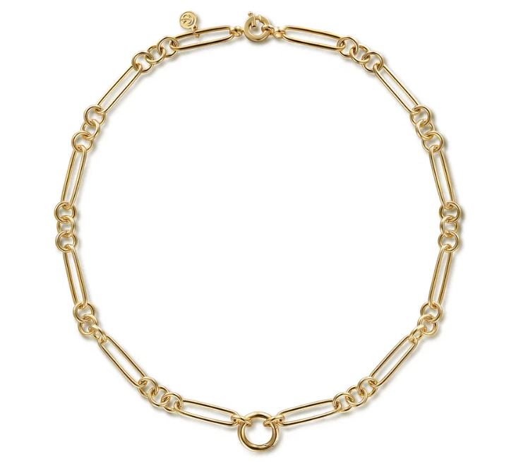 14K Gold chain paper clip necklace on a white background