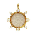 Elizabeth Locke 19K Gold pendant with  pearls and moonstones on a white background