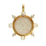 Elizabeth Locke 19K Gold pendant with  pearls and moonstones on a white background