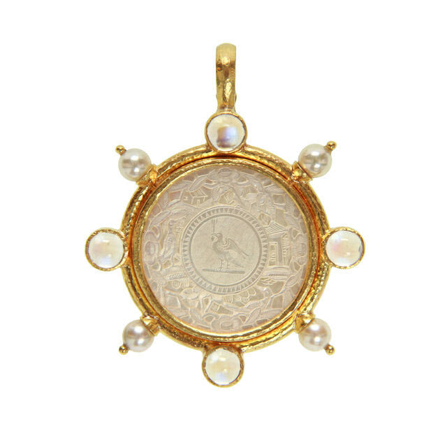 Elizabeth Locke 19K Gold pendant with  pearls and moonstones on a white background
