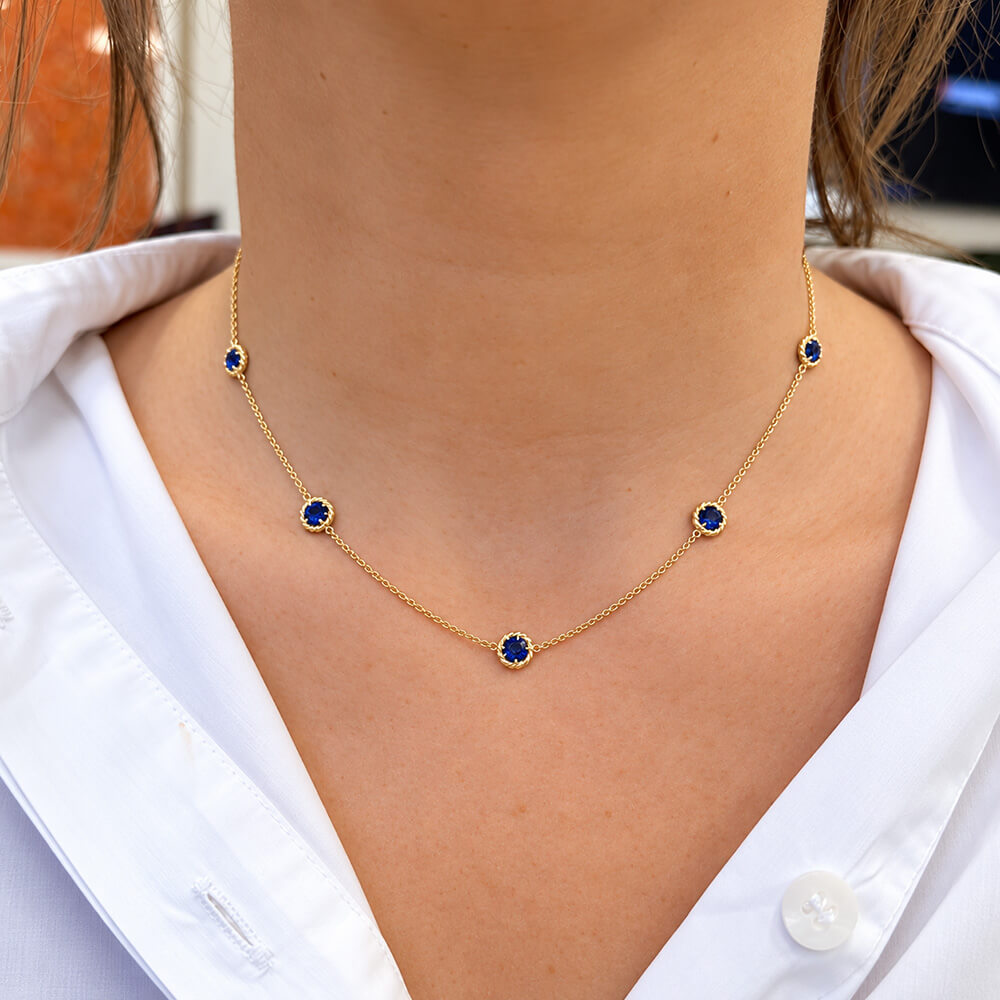 18K yellow gold 5 station sapphire necklace from the LPL Signature Collection