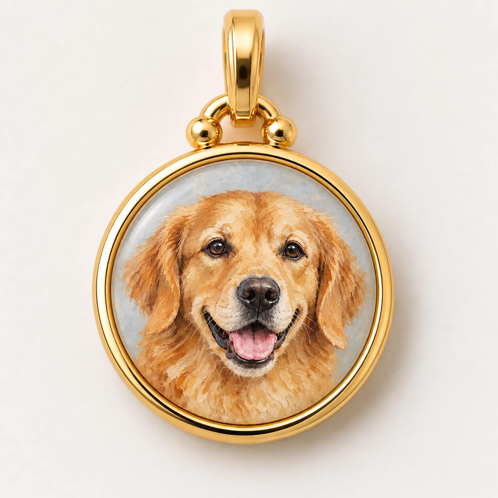 Classic 18k yellow gold Gold Bezel Pet Portrait Pendant designed by Laura Peaarce