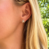 A close-up of a woman's ear wearing a 14k yellow gold earring with clear diamonds arranged in a flower or starburst shape, against a blurred green outdoor background.