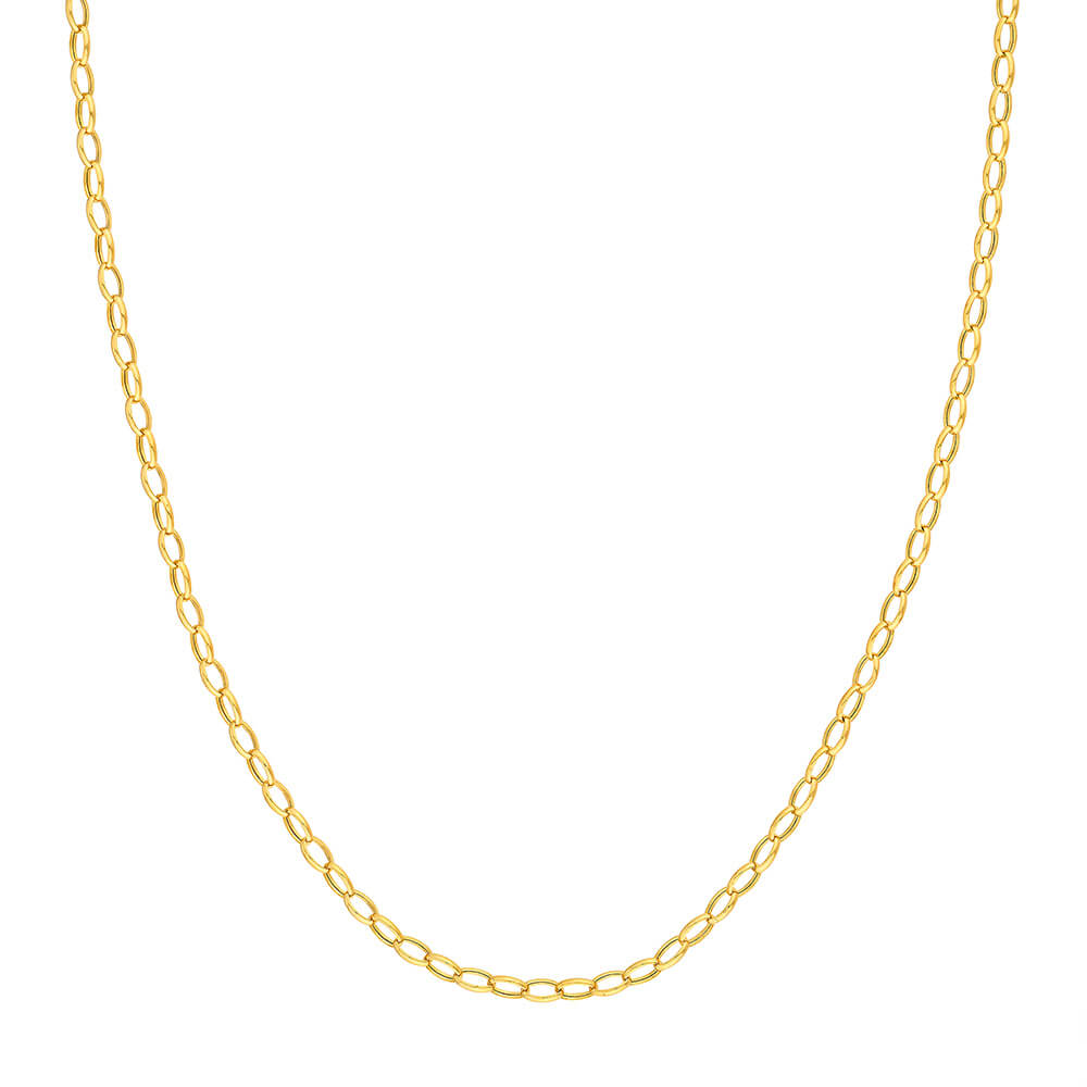 A delicate 14K yellow gold chain necklace with a flat, elongated oval link pattern, displayed against a solid white background.