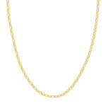 A delicate 14K yellow gold chain necklace with a flat, elongated oval link pattern, displayed against a solid white background.