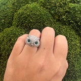 Estate 18K White Gold Owl Ring with Diamonds and Emeralds