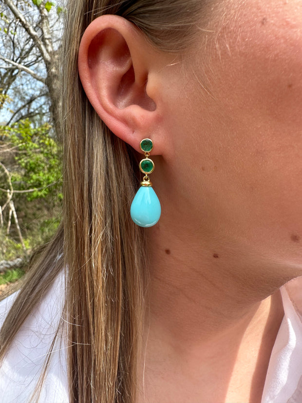 18K Yellow Gold Turquoise and Emerald Earrings
