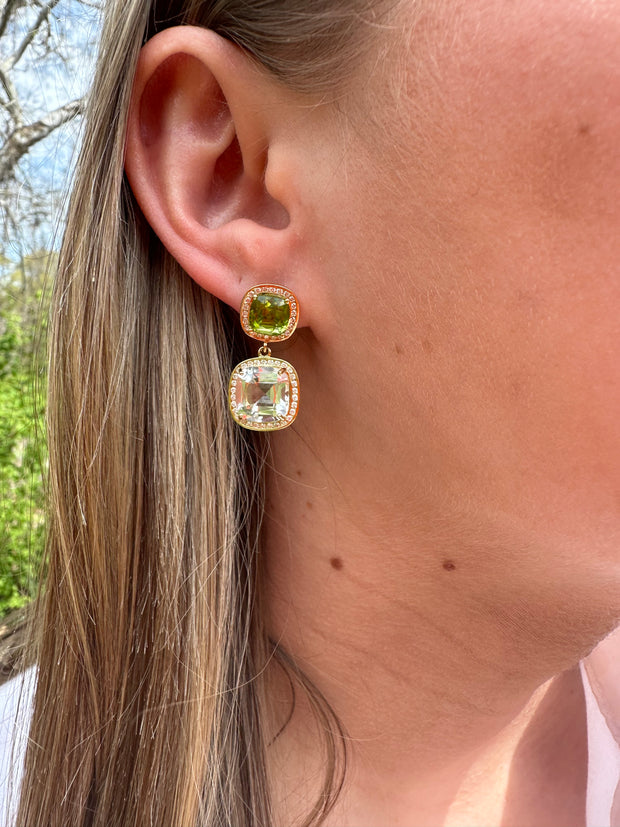 18K Yellow Gold Peridot and Crystal Earrings with Diamonds