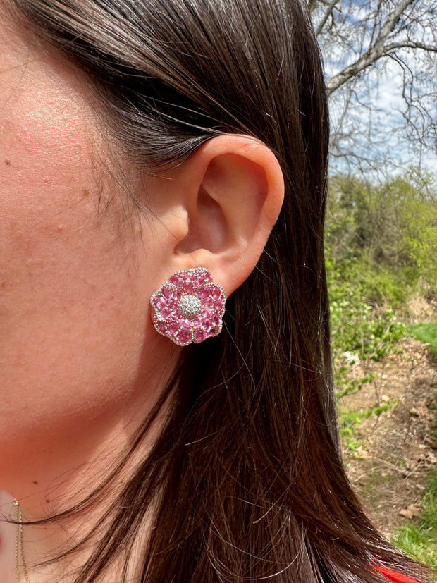18K Pink Sapphire and Diamond Flower Earrings