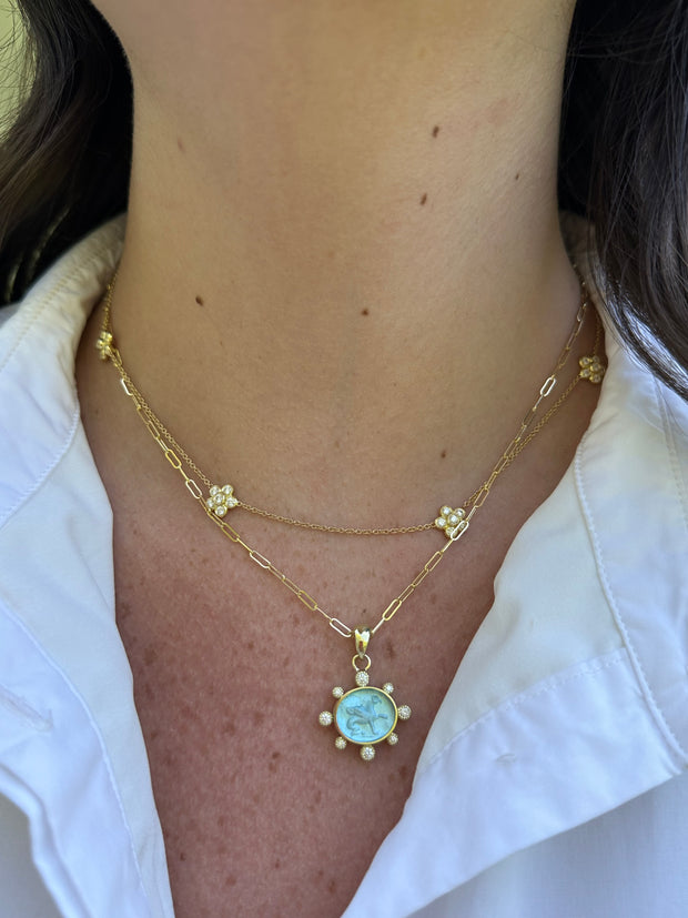 14K Yellow Gold Aqua Venetian Glass Necklace with Diamonds