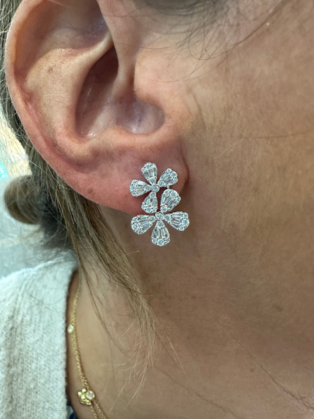 14k White Gold Double Flower Earrings