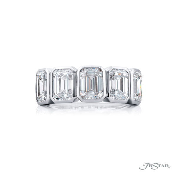 Diamond ring with emerald-cut stones on a white background, featuring the brand 'JB Star'.