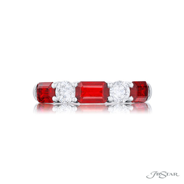 JB Star Platinum Emerald Cut Ruby and Round Diamond Band Ring 