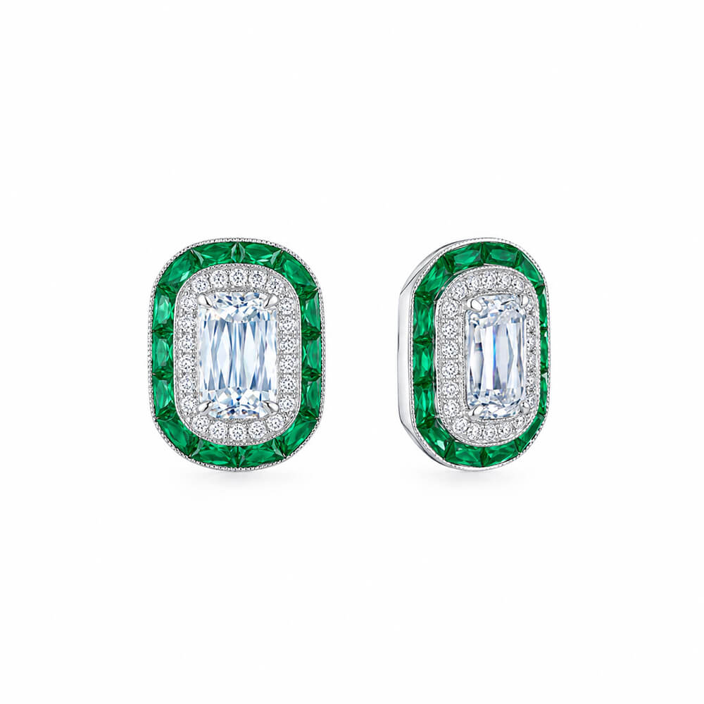 Kwiat Ashoka Diamond Earrings with Emerald and Diamond Halos