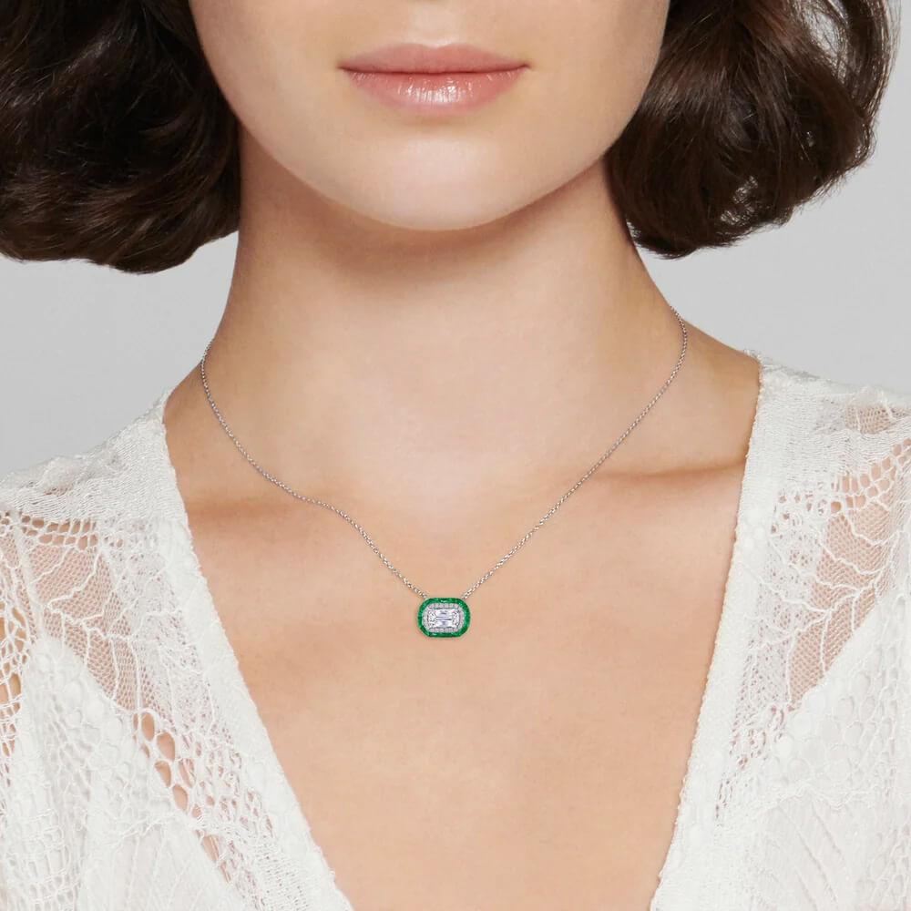Ashoka Diamond Pendant Necklace with Emerald and Diamond Halos