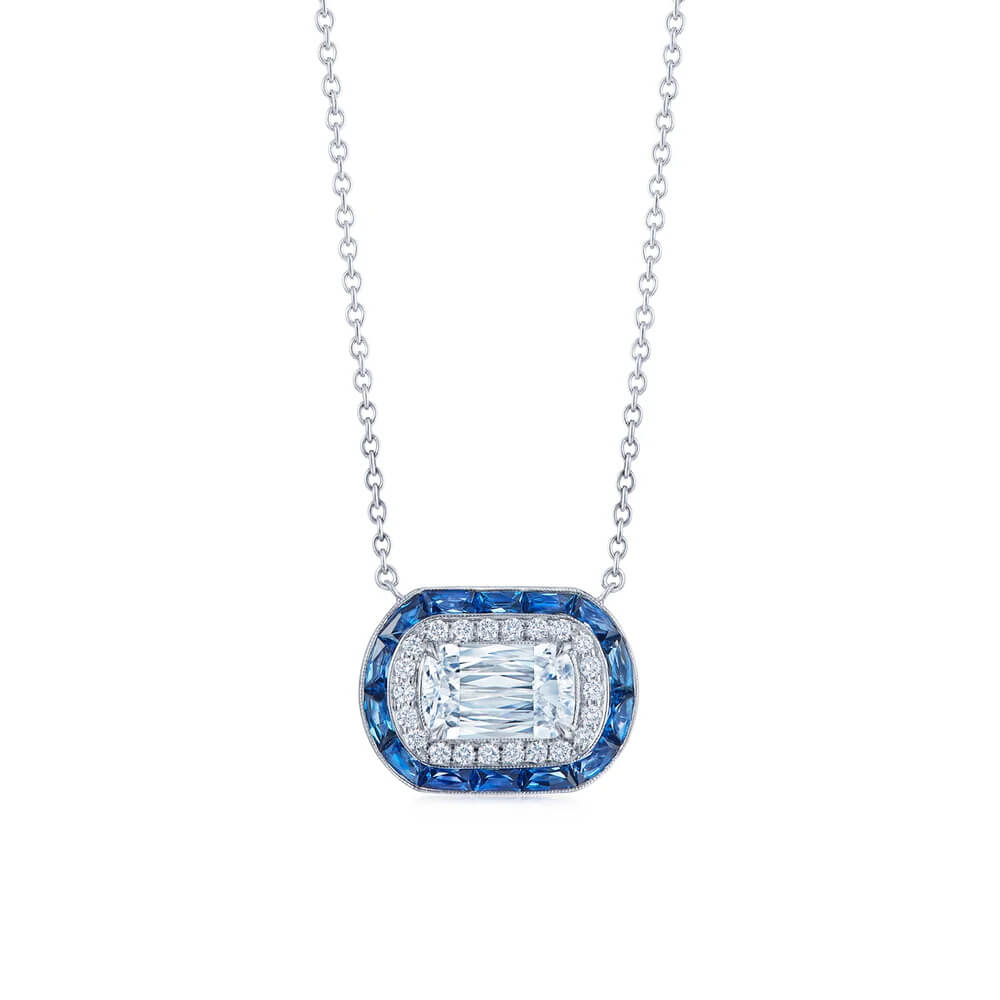 Ashoka Diamond Pendant Necklace with Sapphire and Diamond Halos