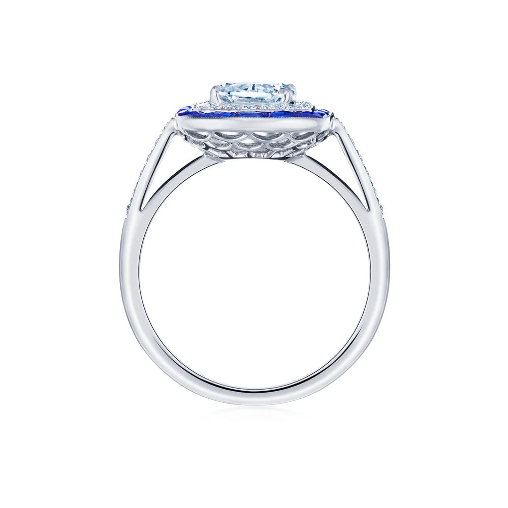 Kwiat Platinum Ashoka Ring with Sapphire and Diamond Halos
