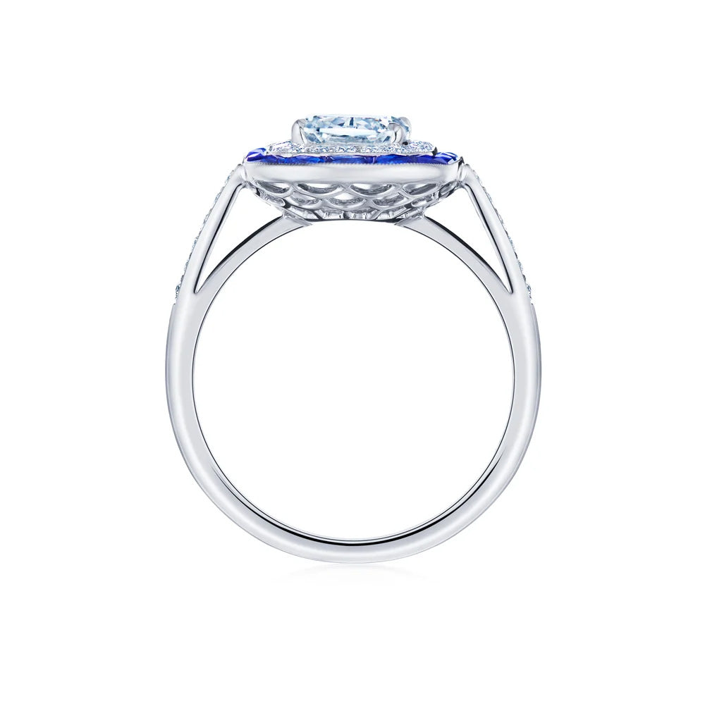 Kwiat Platinum Ashoka Ring with Sapphire and Diamond Halos