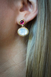 18K Yellow Gold Rubellite and Moon Quartz Earrings