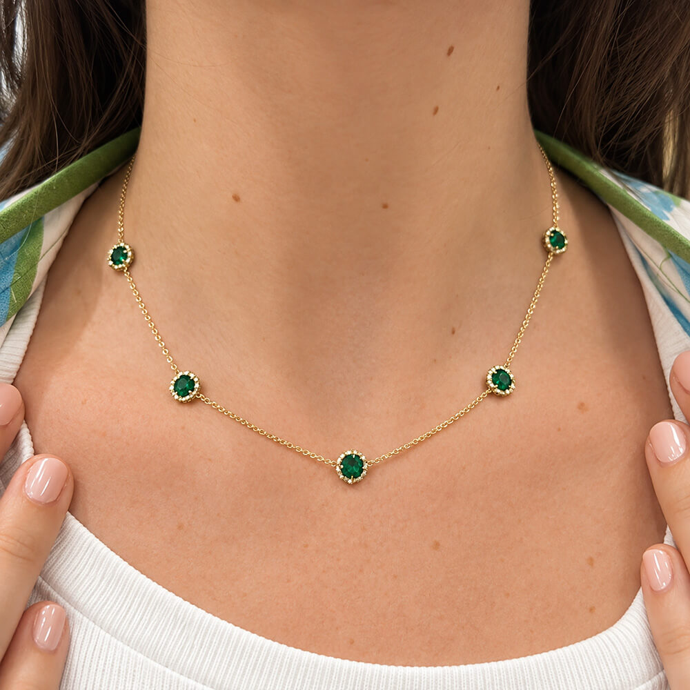LPL Signature Collection 18K yellow gold Parker 5 station twist bezel emerald necklace 2.4 carats 
