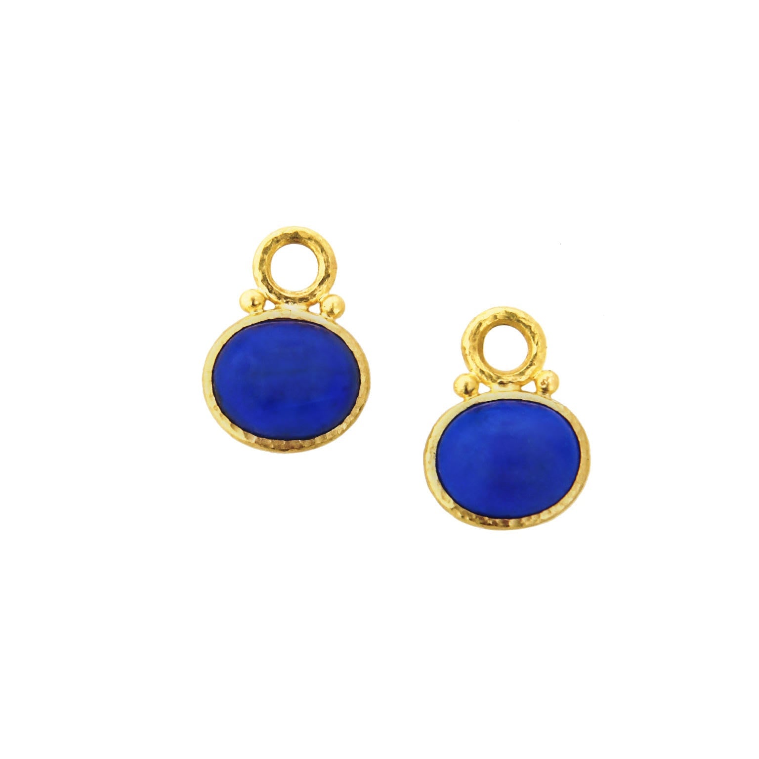 19K Gold earrings with blue Lapis round stones on a white background