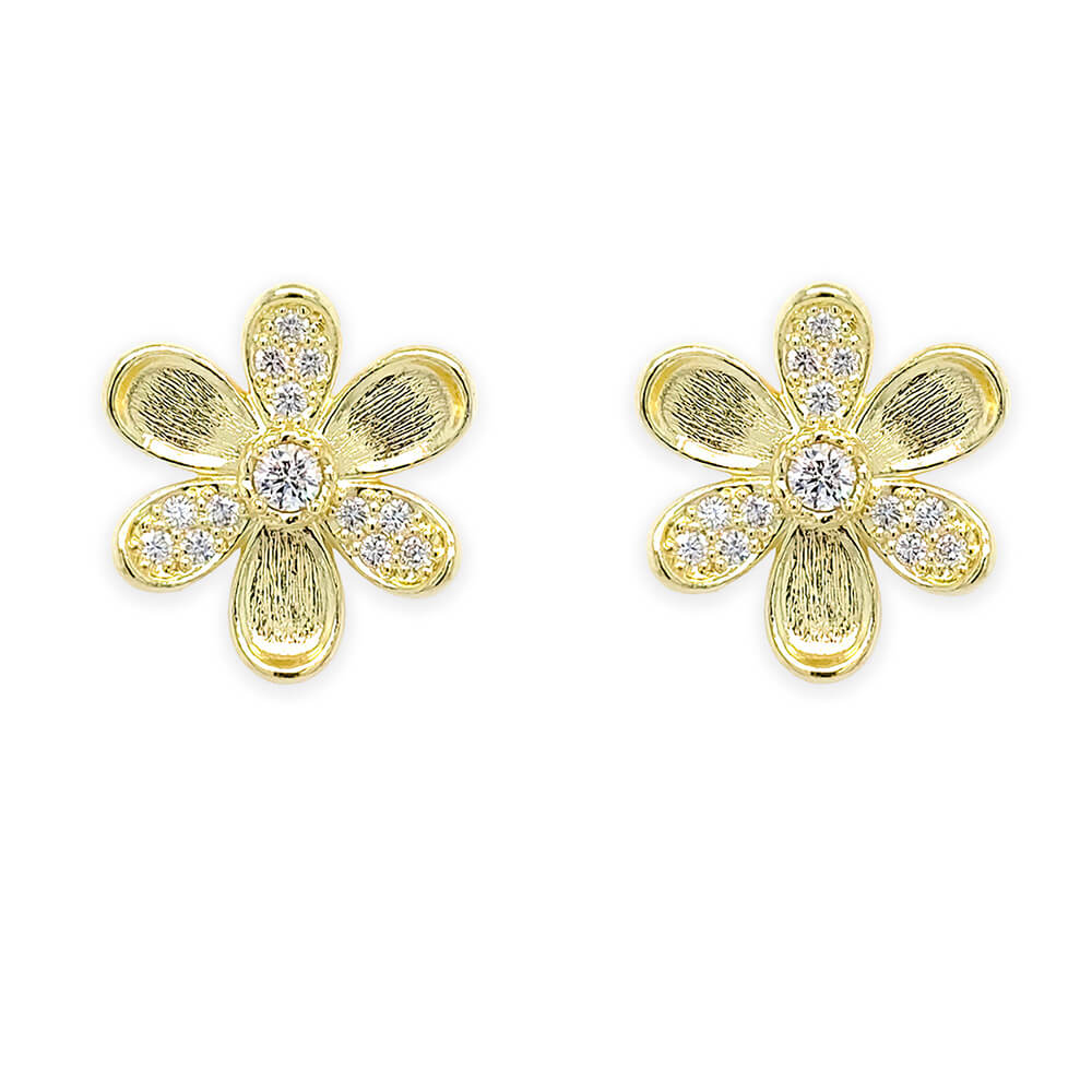 A pair of 18K yellow gold flower-shaped stud earrings, each featuring five textured petals with small clear pave diamonds and a central round clear diamond, shown on a plain white background.