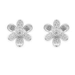 A pair of 18K white gold flower-shaped stud earrings with clear center diamonds, textured petals, and pave diamonds shown on a plain white background.