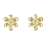 18K yellow gold flower-shaped earrings with a central diamondc on a white background