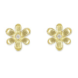 18K yellow gold flower-shaped earrings with a central diamondc on a white background