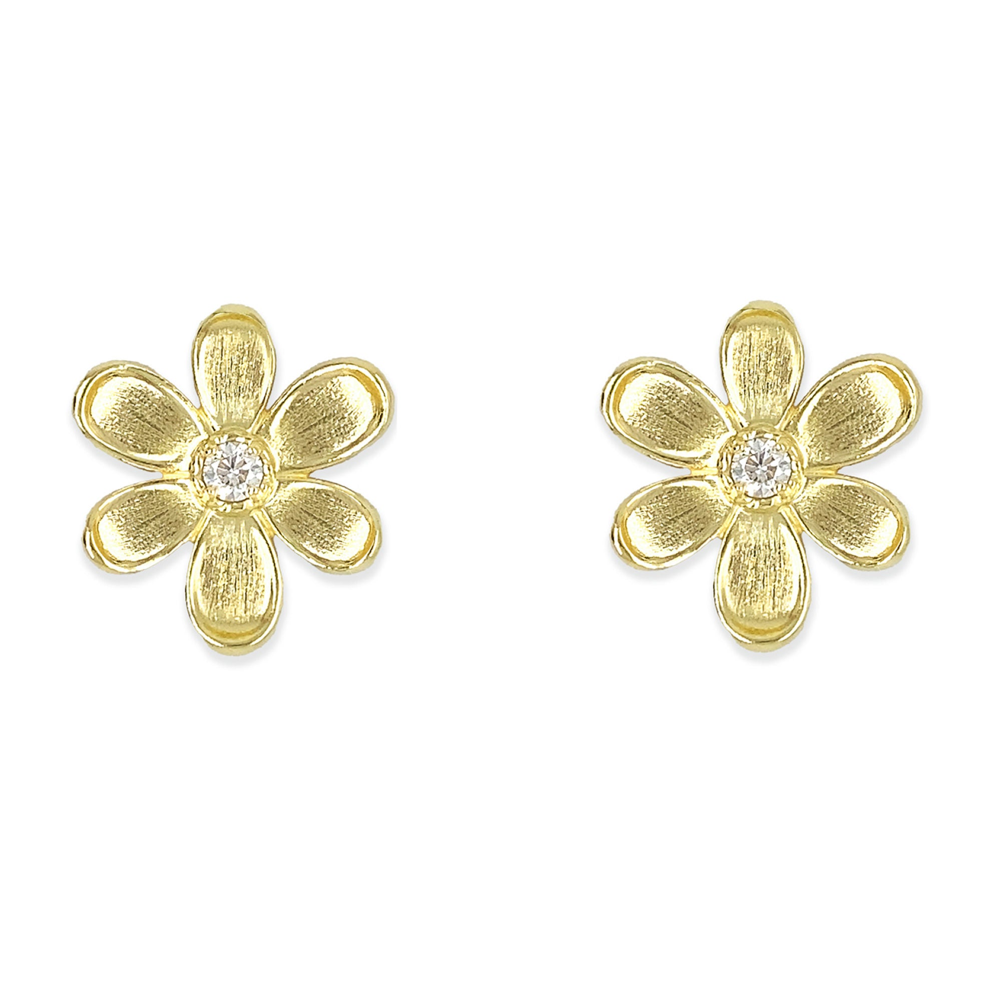 18K yellow gold flower-shaped earrings with a central diamondc on a white background