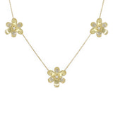 18K Gold necklace with flower-shaped pendants covered with pave diamonds on a white background