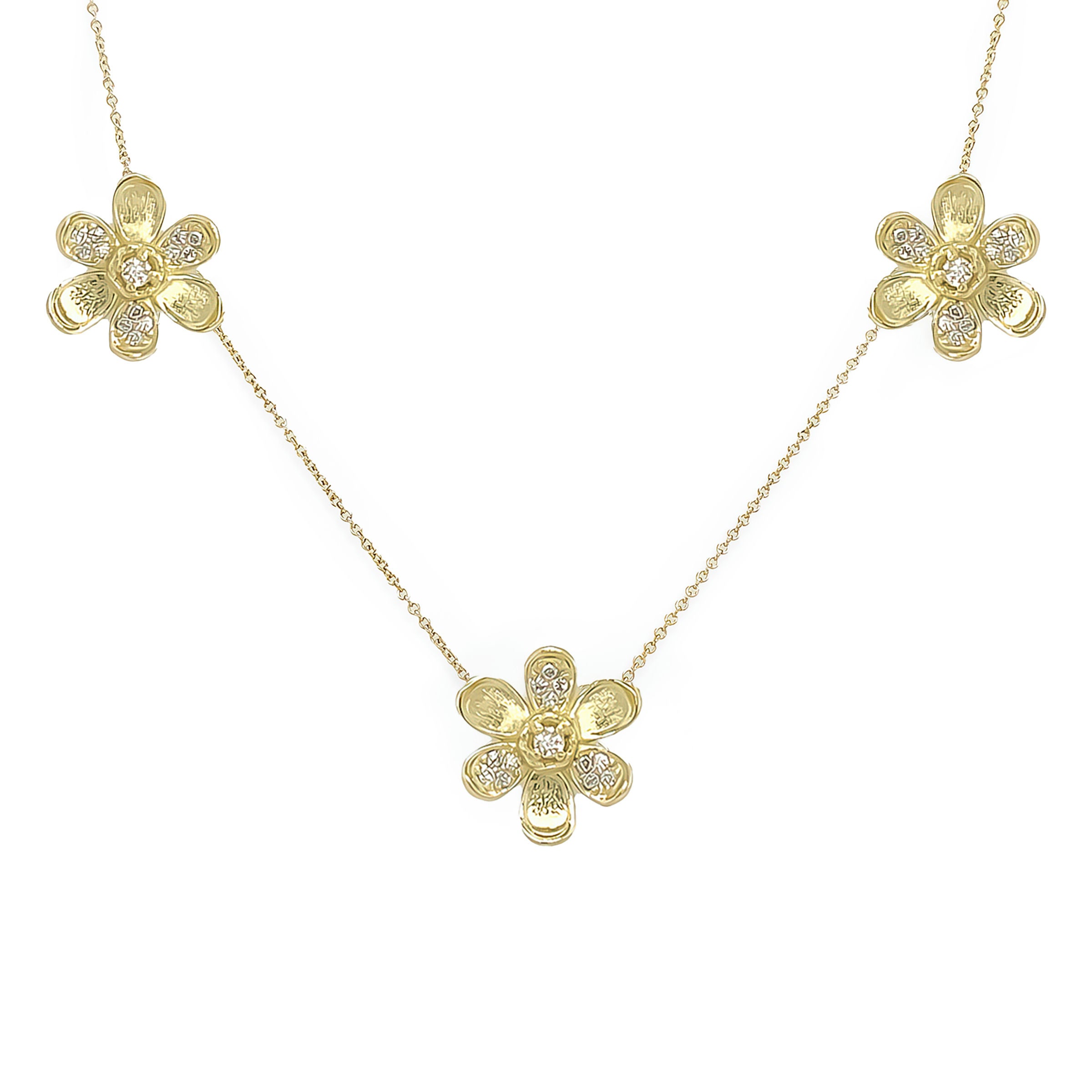 18K Gold necklace with flower-shaped pendants covered with pave diamonds on a white background