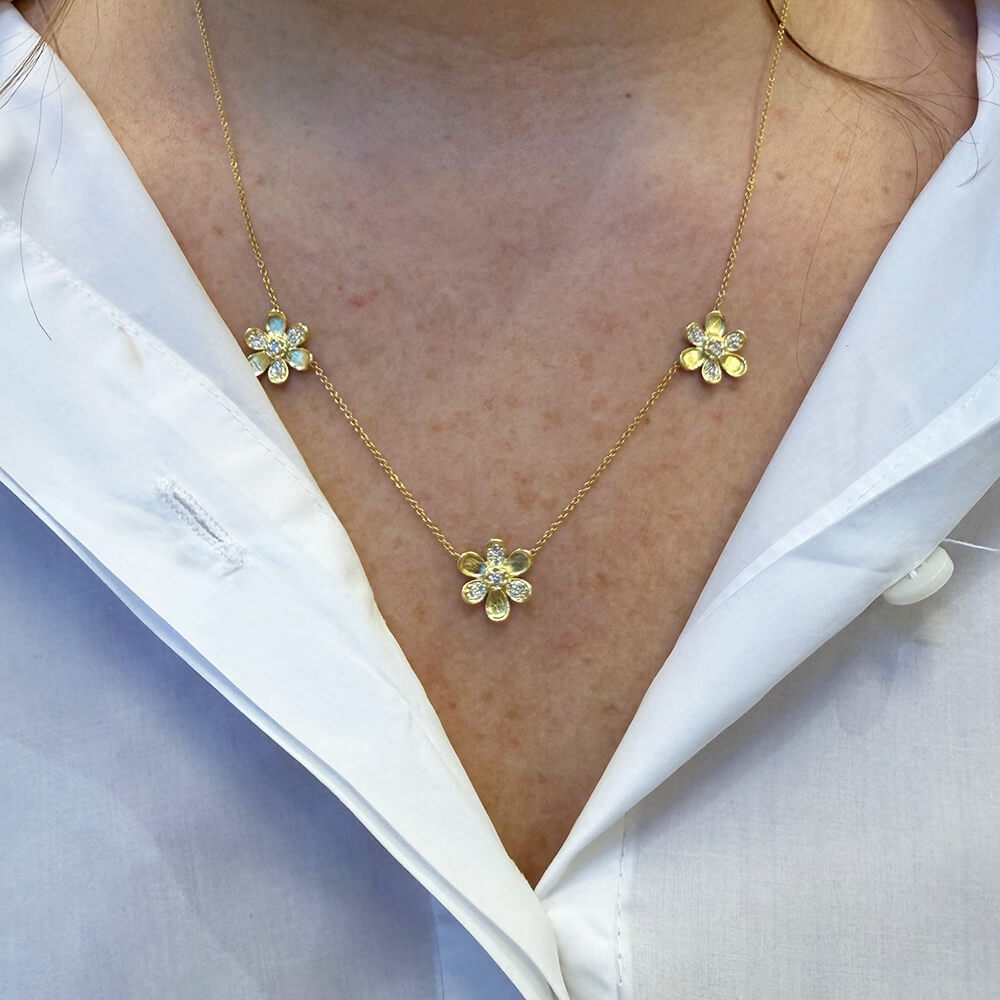 18K gold Large Pave Diamond 3 station flower neckalce on model