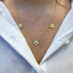 18K gold Large Pave Diamond 3 station flower neckalce on model