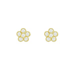 A pair of 18K yellow gold flower stud earrings, each adorned with multiple diamond petals.