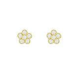 A pair of 18K yellow gold flower stud earrings, each adorned with multiple diamond petals.