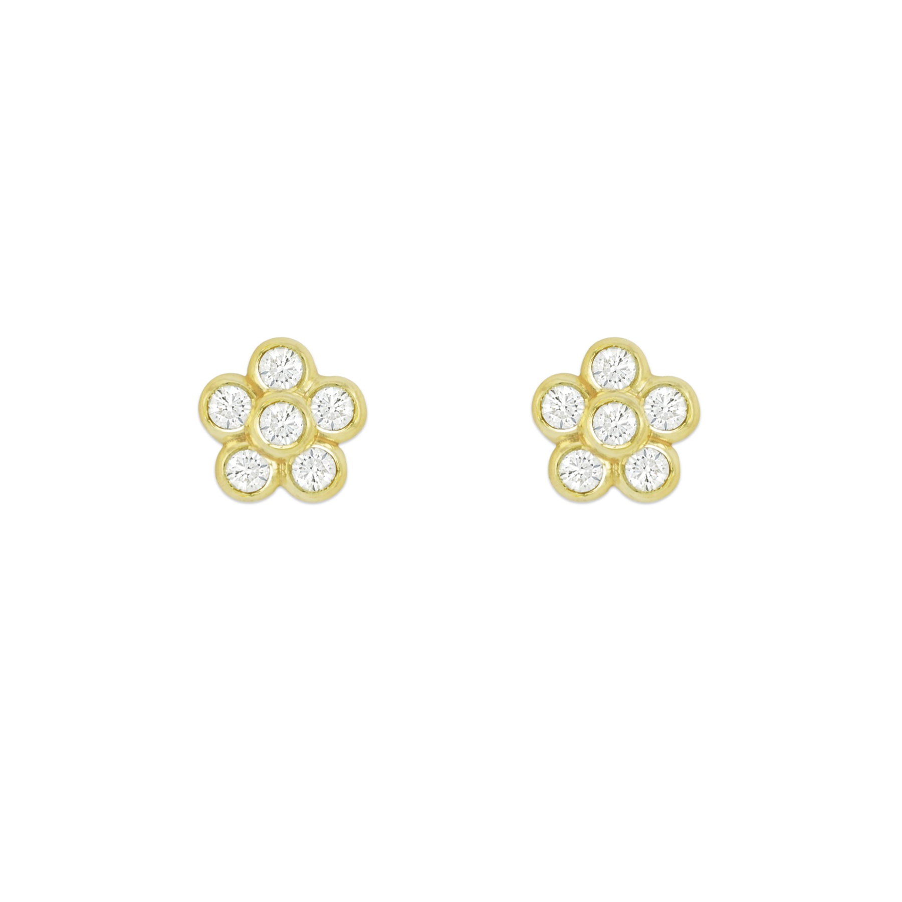 A pair of 18K yellow gold flower stud earrings, each adorned with multiple diamond petals.