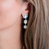 18K yellow gold Moon Quartz and Diamond Drop earrings on model