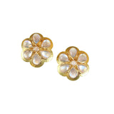 Elizabeth Locke 19K Gold daisy-shaped earrings with moonstones on a white background