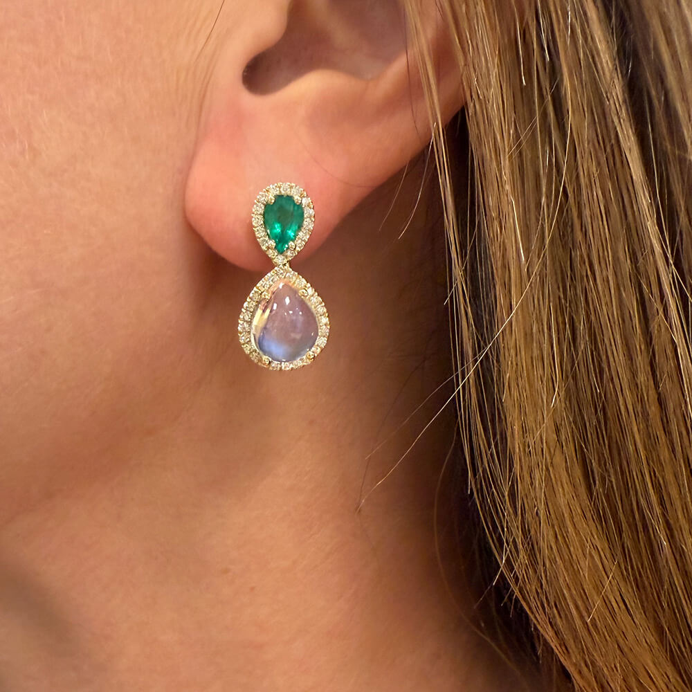 Moonstone, Emerald and Diamond Drop Earrings