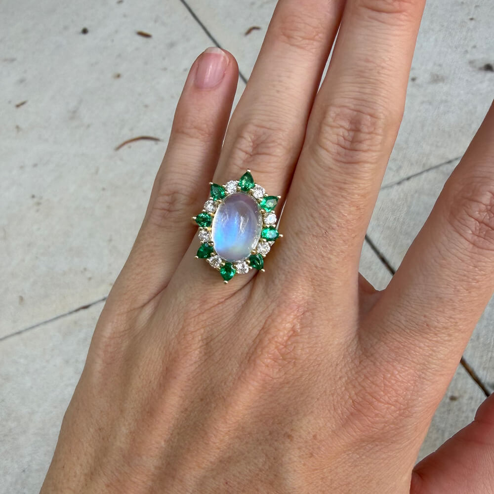 Moonstone, Emerald and Diamond Ring