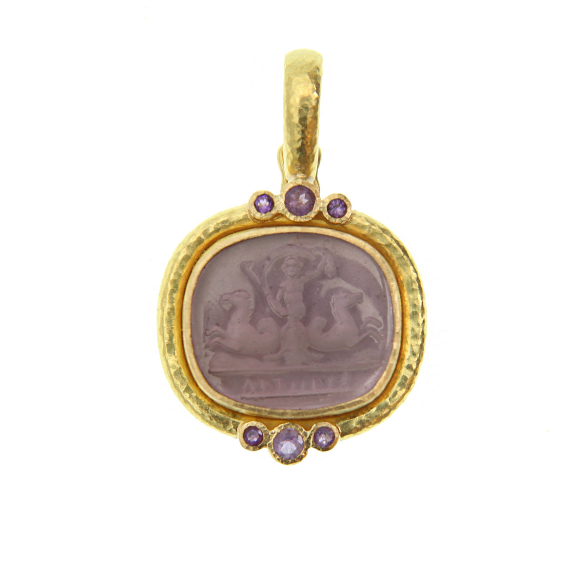 Elizabeth Locke 19K Gold pendant with a central stone of Mulberry-colored Venetian Glass and smaller surrounding amethyst stones on a white background