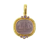 Elizabeth Locke 19K Gold pendant with a central stone of Mulberry-colored Venetian Glass and smaller surrounding amethyst stones on a white background
