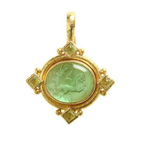 19K Gold pendant with green Venetian Glass gemstone and surrounding Peridots on a white background