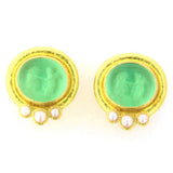 Pair of Elizabeth Locke 19K gold earrings with green Venetian Glass gemstones and pearl accents on a white background