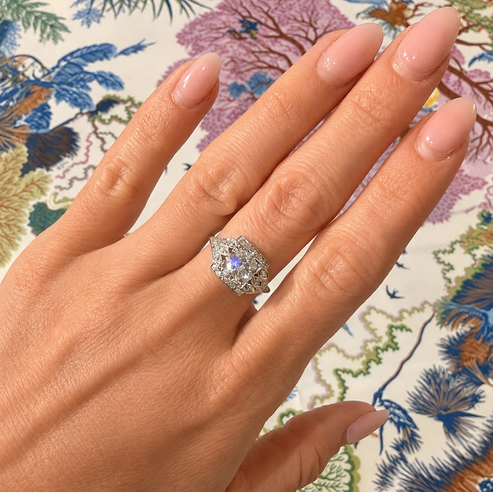 Estate Old Mine Diamond Ring with Square Diamond Halo