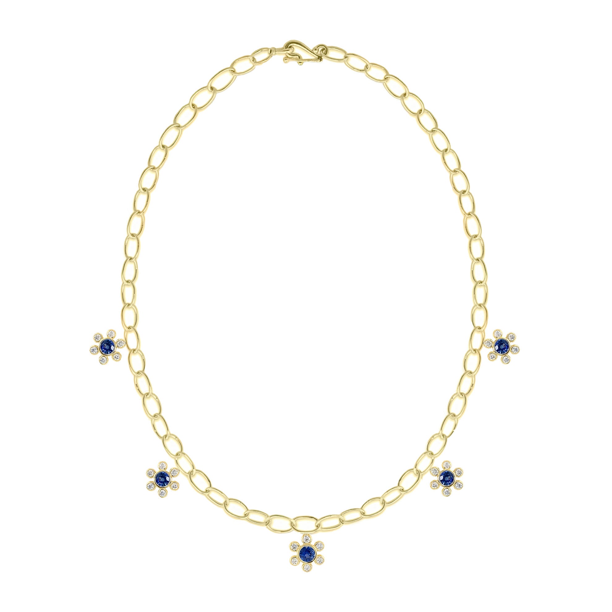 Gold necklace with diamond and sapphire gemstones