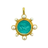 Elizabeth Locke 19K Yellow Gold Teal 'Cupid Riding Lion' and Pearl Pendant
