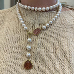 Pearl and Pink Tourmaline necklace on model