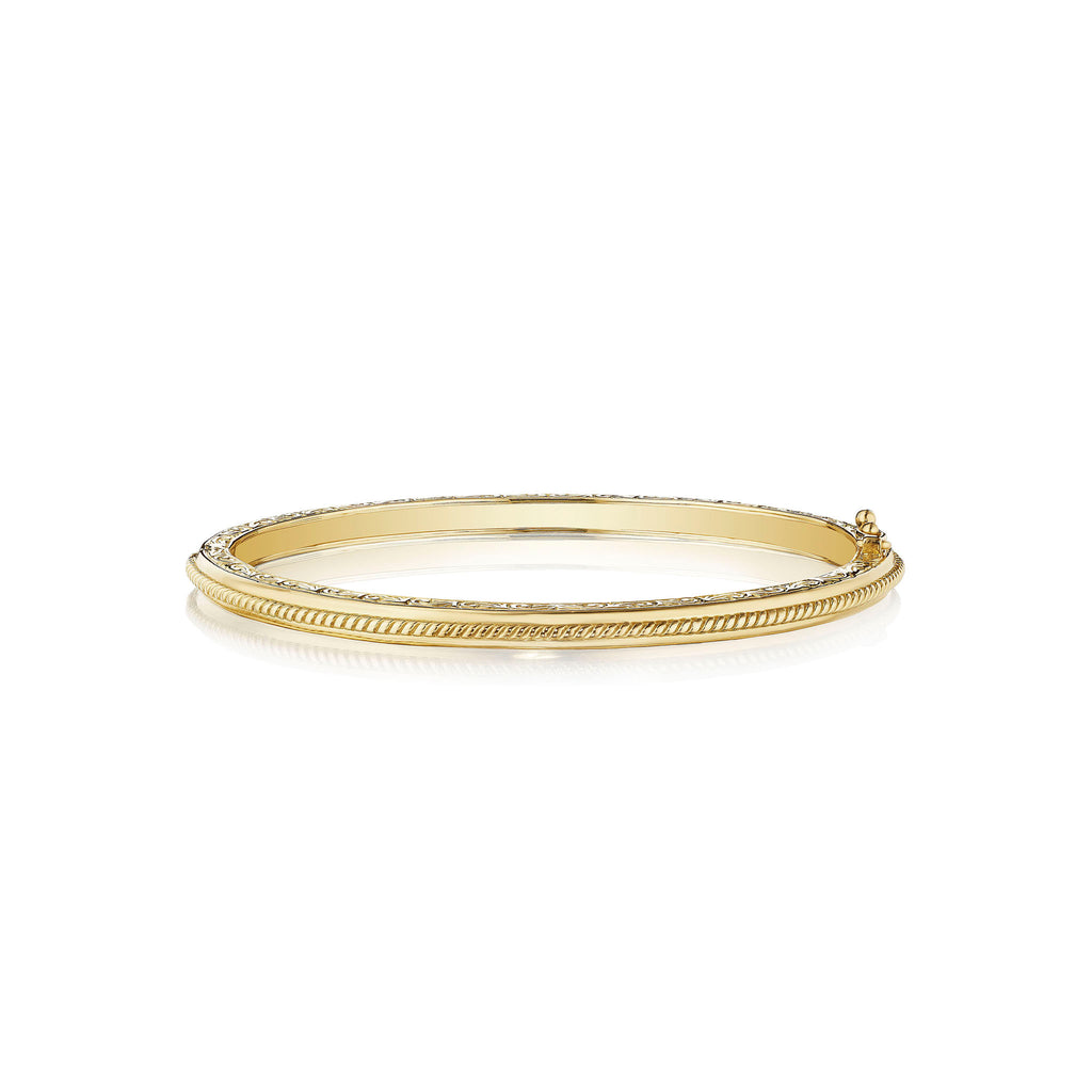 A sleek 18K yellow gold bracelet with a twisted design, featuring a clasp closure.